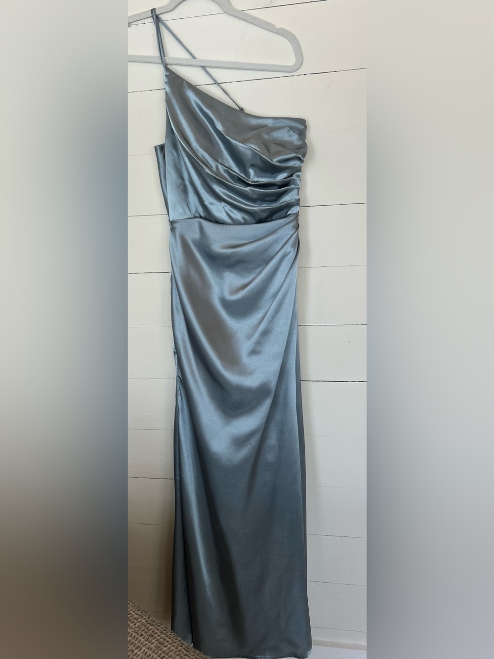 Galina Signature One-Shoulder Satin Gown in Steel Blue Size 2 - Picture 3 of 5